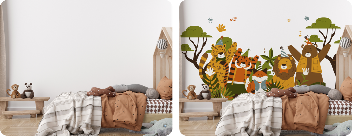 Kids Bedroom Wall Mural | Plaster Jungle Animal Design